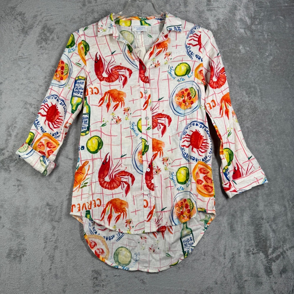 Calypso St. Barth Button Down Shirt Womens Small White Linen Blend Lobster Print - Picture 2 of 10